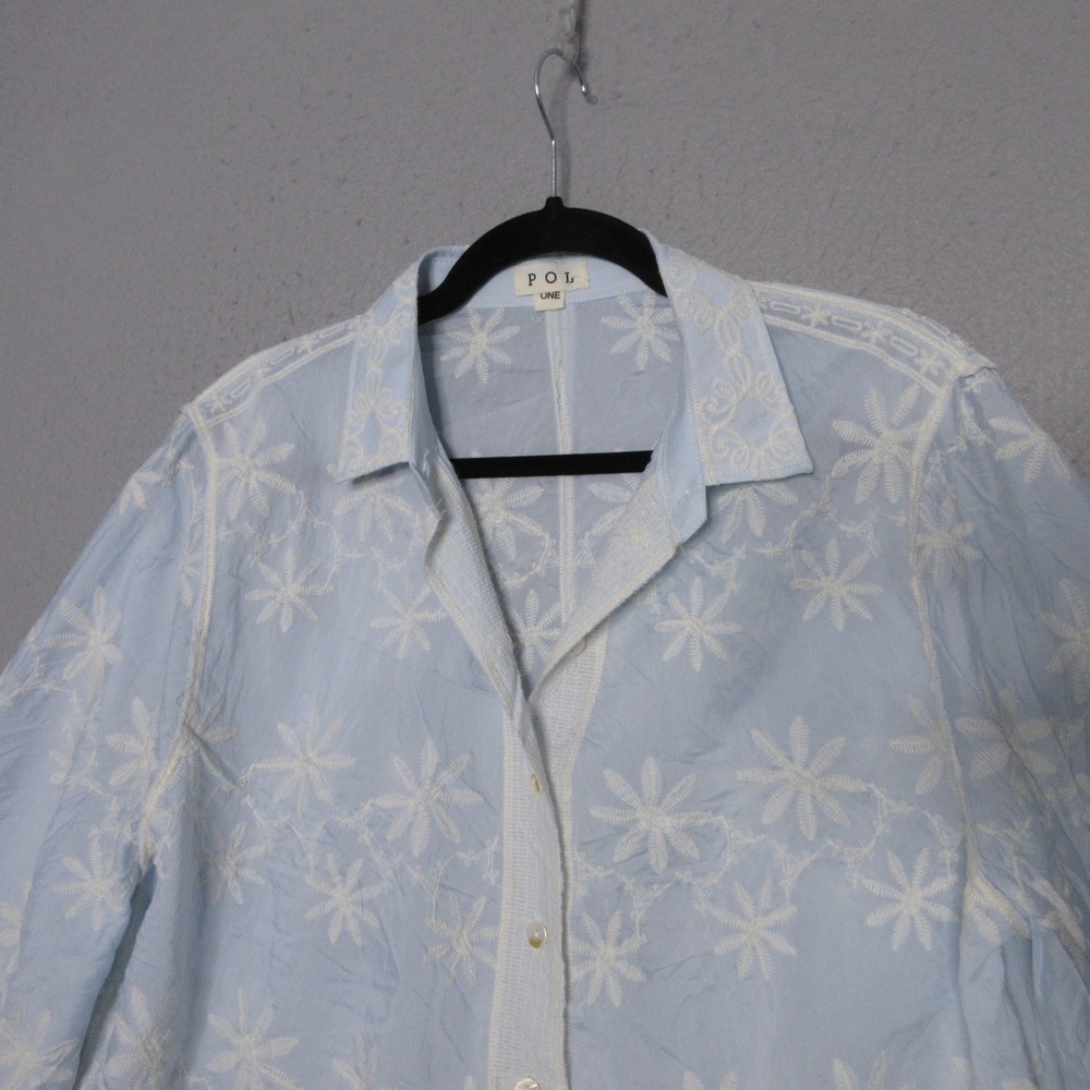 POL Top One Size Blue Floral Embroidered Scalloped Crinkle Boho Cottage Core